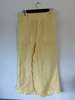 YFB yellow pants women size L butter yellow linen blend pull on wide leg cropped